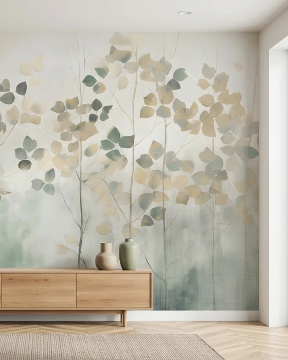 Botaniczny mural ścienny z delikatnymi drzewami – tapeta w odcieniach zieleni i beżu