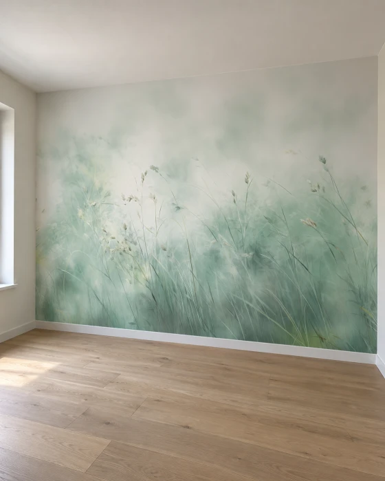 Akwarelowa tapeta z trawami – spokojny zielony mural inspirowany naturą