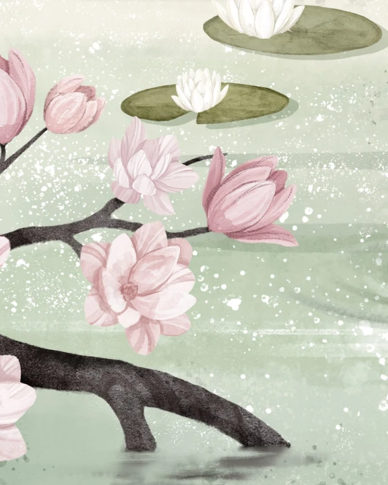Tapeta botaniczna z czaplami – zielony staw z liliami wodnymi i różowymi kwiatami