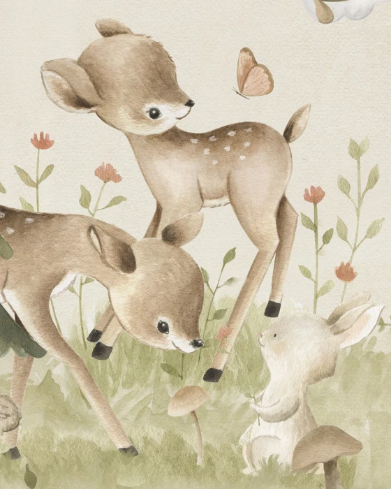 Leśna tapeta do pokoju dziecka – akwarelowe zwierzęta, drzewa i grzybki