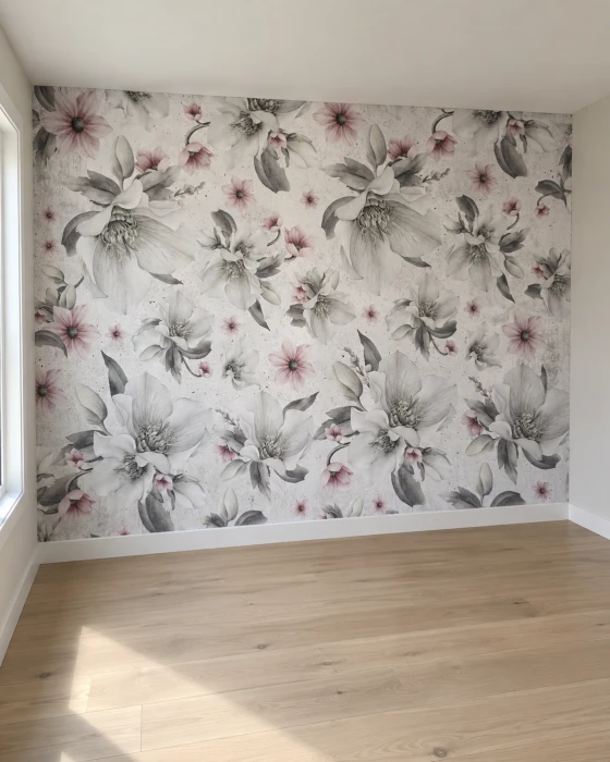 Kwiatowy mural ścienny – eleganckie białe kwiaty z różowymi detalami