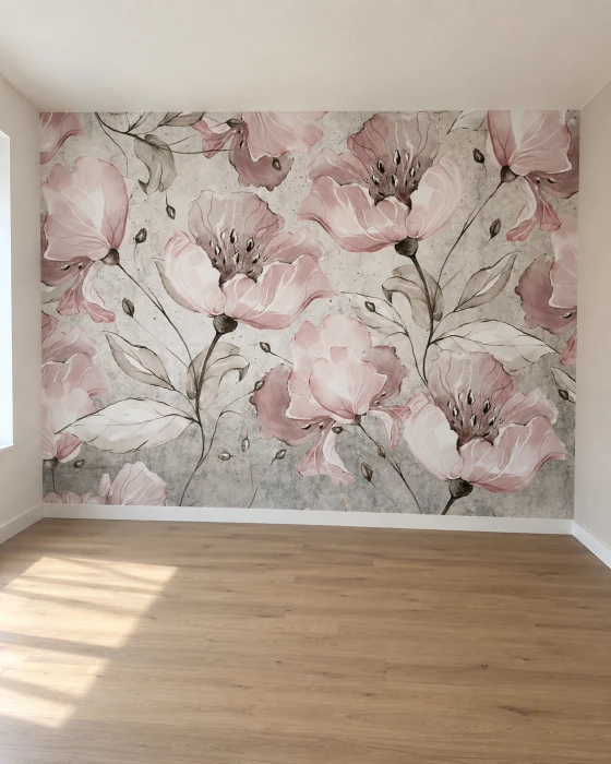 Kwiatowy mural ścienny – romantyczne różowe kwiaty na jasnoszarym tle