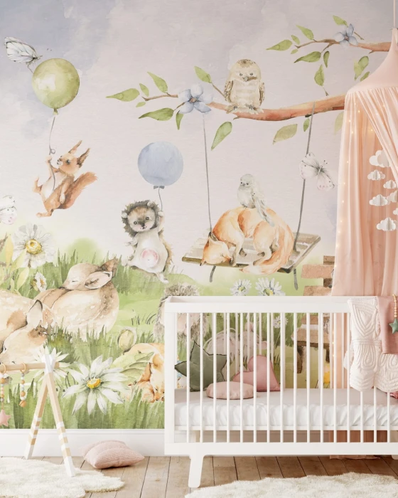 Mural ścienny ze zwierzętami leśnymi – pastelowa tapeta do pokoju dziecka