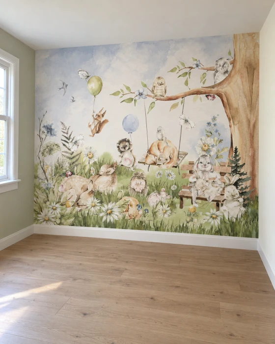 Mural ścienny ze zwierzętami leśnymi – pastelowa tapeta do pokoju dziecka
