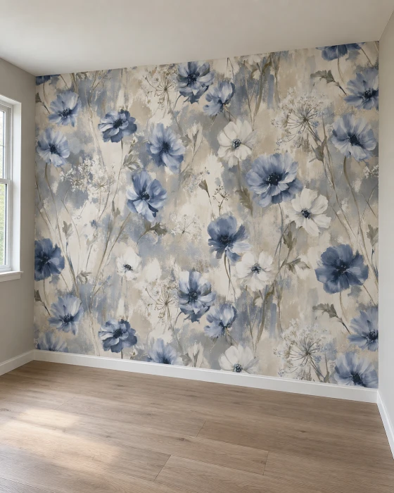MAUVE BLUE floral wallpaper covering a wall beside a window and light wooden floor
