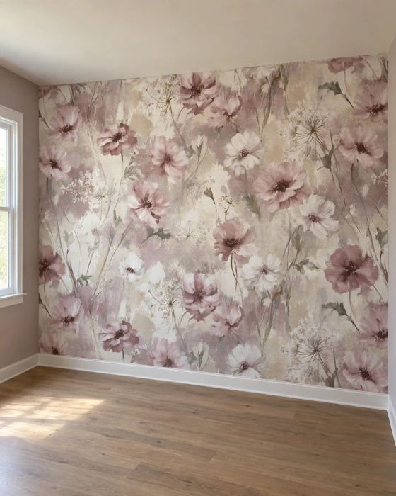 Blumentapete MAUVE auf einer ganzen Wand neben einem Fenster und hellem Holzboden