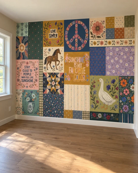 Tapeta patchwork boho – kolorowy mural ścienny z kwiatami i ilustracjami