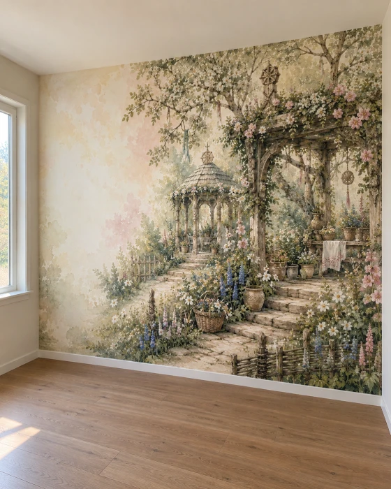 Botaniczny mural w zieleni i naturalnych kolorach