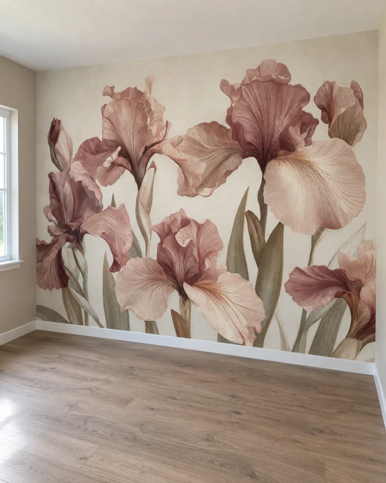 Tapeta z irysami – eleganckie różowe kwiaty w stylu botanicznym