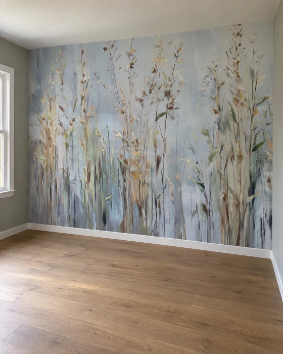 Mural ścienny z polną łąką – artystyczne trawy i rośliny na jasnoniebieskim tle