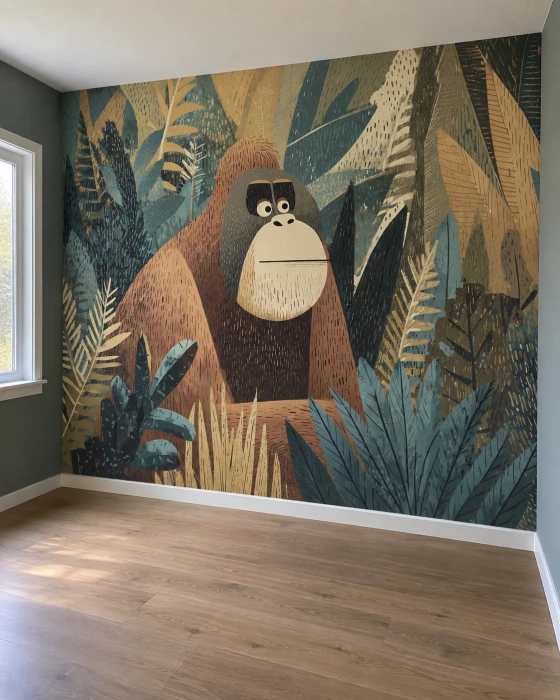 Mural ścienny z orangutanem – tropikalna tapeta z egzotyczną roślinnością do pokoju dziecięcego