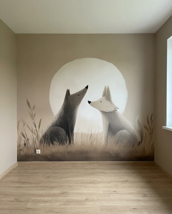 Mural ścienny z wilkami i księżycem – minimalistyczna tapeta dziecięca w naturalnych kolorach