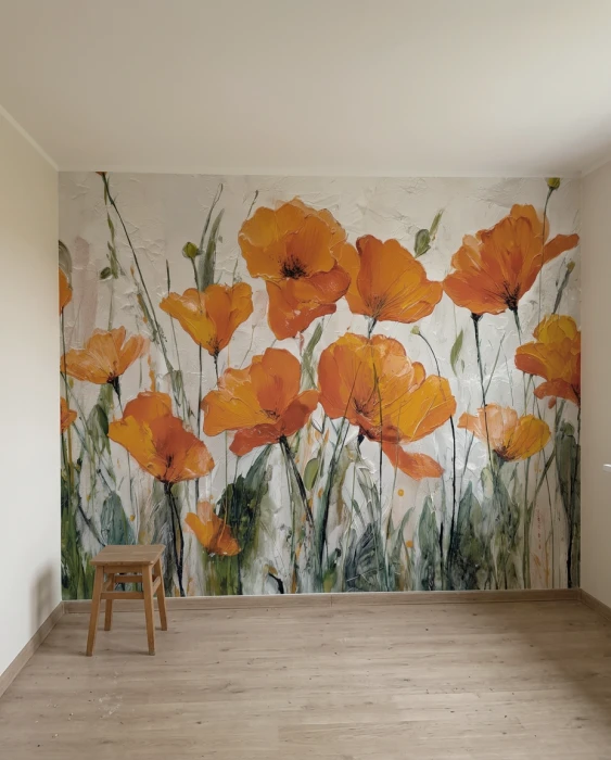 Mural ścienny z makami – malarska tapeta w pomarańczowych, zielonych i kremowych odcieniach