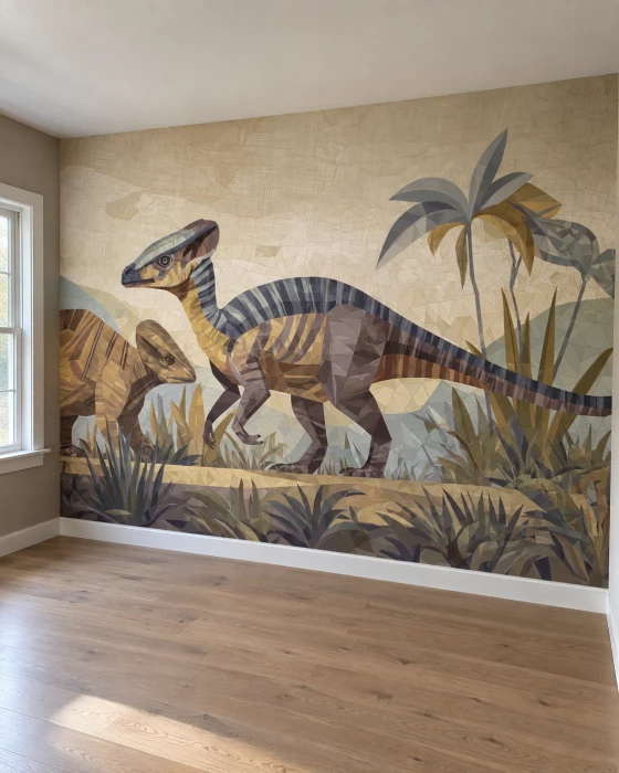 Mural ścienny dinozaury – geometryczna ilustracja dinozaurów wśród palm i egzotycznych roślin