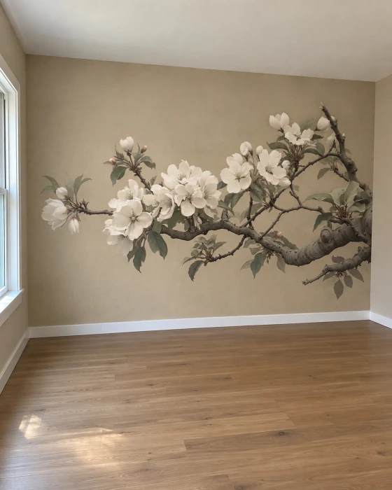 Mural ścienny z kwitnącym drzewem – elegancka tapeta w stylu japońskim do salonu lub sypialni
