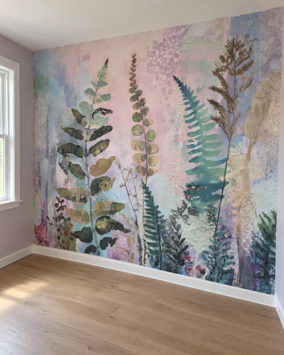 Tapeta botaniczna z paprociami – kolorowy mural ścienny w pastelowych odcieniach różu, błękitu i zieleni