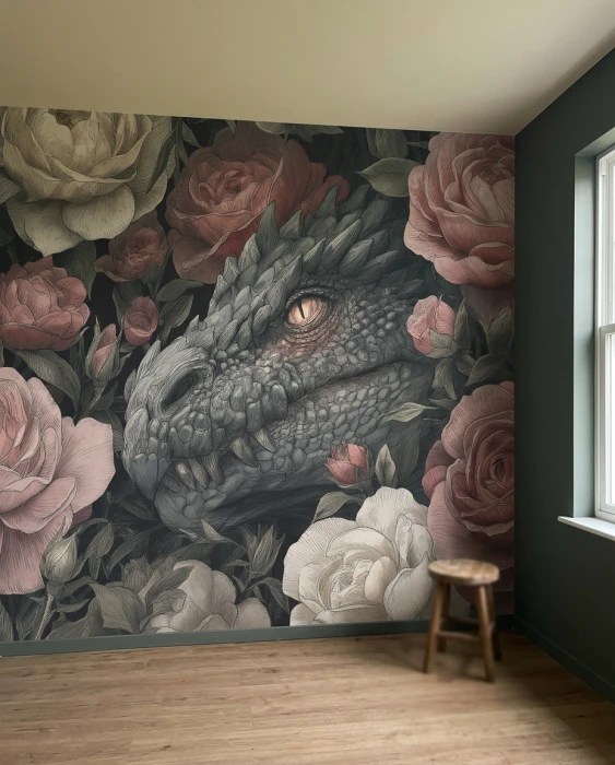 Tapeta ze smokiem i kwiatami – artystyczny mural botaniczny w stylu vintage