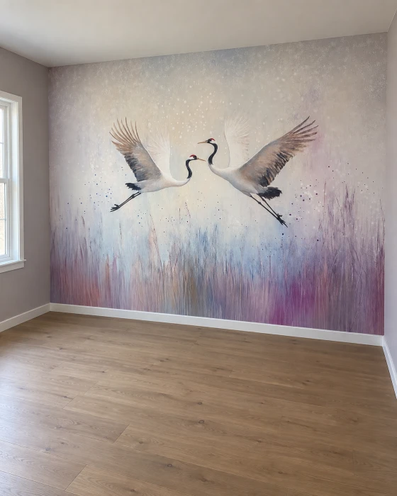 Tapeta z żurawiami – akwarelowy mural ścienny z lecącymi ptakami w pastelowych kolorach