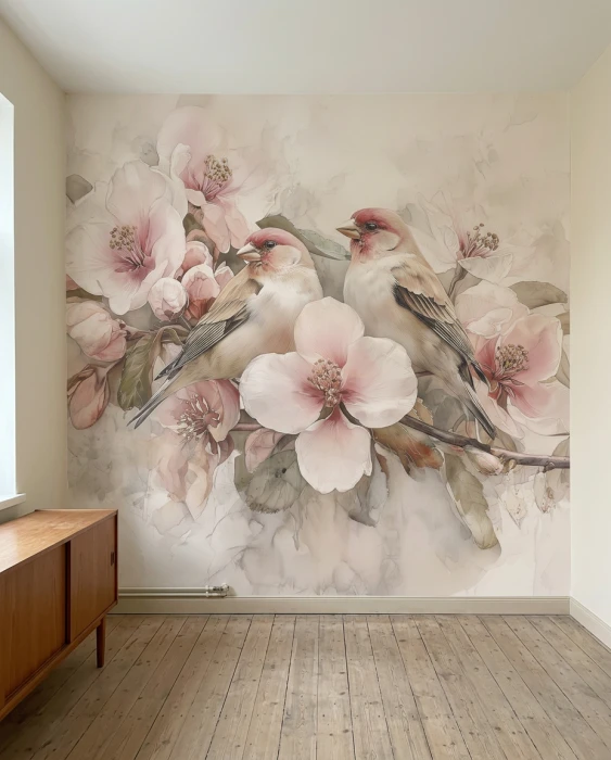 Tapeta z dwoma ptakami na kwitnącej gałęzi – delikatny mural kwiatowy do sypialni