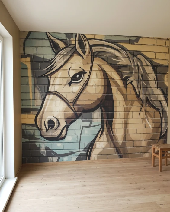 Tapeta z koniem graffiti – mural ścienny z głową konia na tle ceglanego muru