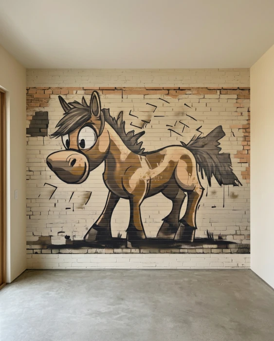 Mural z koniem graffiti – kolorowa tapeta z rysunkowym konikiem i efektem starej cegły