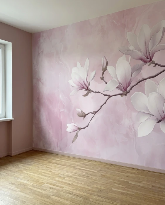 Tapeta magnolia na ścianę – subtelny kwiatowy mural w pudrowym różu
