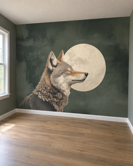Tapeta z wilkiem na ścianę – ilustracyjny motyw zwierzęcy z pełnią księżyca