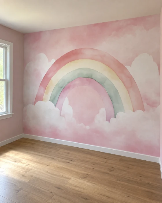 Tapeta tęcza na ścianę – różowy mural z chmurkami w pastelowych kolorach