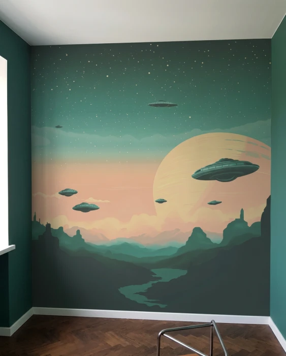 Tapeta z UFO na ścianę – kosmiczny krajobraz z planetą i gwiazdami