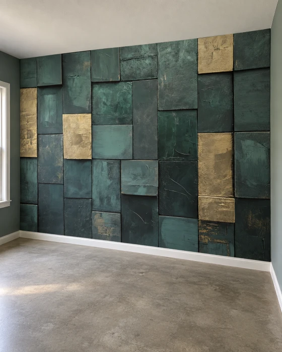 Mural ścienny 3D – abstrakcyjna kompozycja geometryczna w butelkowej zieleni i złocie
