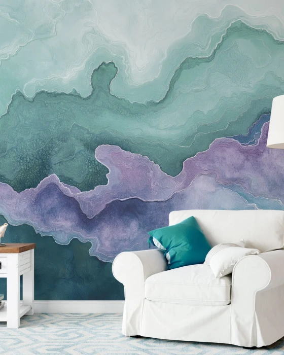 Tapeta abstrakcyjna w zieleni i fiolecie – mural ścienny z efektem kamienia