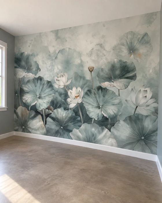 Mural botaniczny z kwiatami lotosu – elegancka tapeta w odcieniach szałwii i szarości