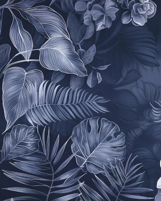 Tapeta na ścianę z tropikalnymi liśćmi – elegancki granatowy mural botaniczny
