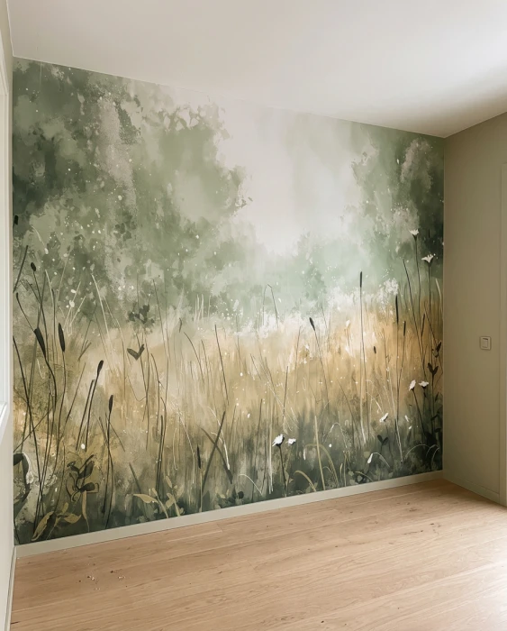 Mural ścienny łąka – delikatne trawy, kwiaty i rośliny w akwarelowym stylu