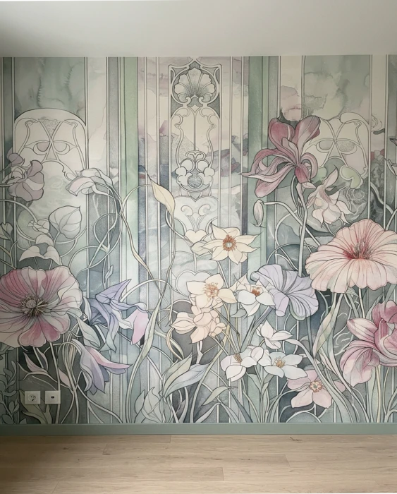 Mural ścienny z dużymi kwiatami – elegancki botaniczny wzór inspirowany secesją