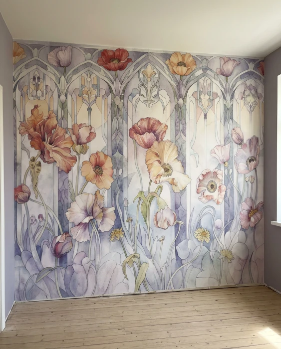 Mural ścienny z polnymi kwiatami – secesyjny wzór w pastelowych odcieniach różu i fioletu