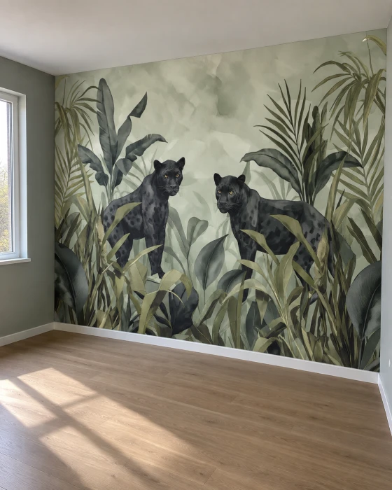 Tapeta na ścianę z panterami – zielony mural z dzikimi kotami w tropikalnej roślinności