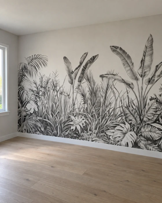 Tapeta na ścianę z tropikalną roślinnością – czarno-biały mural botaniczny z liśćmi