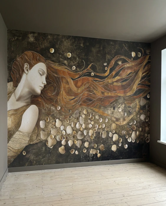 Mural ścienny z kobietą i motywem morskim – elegancka tapeta w ciemnych, złoto-brązowych barwach
