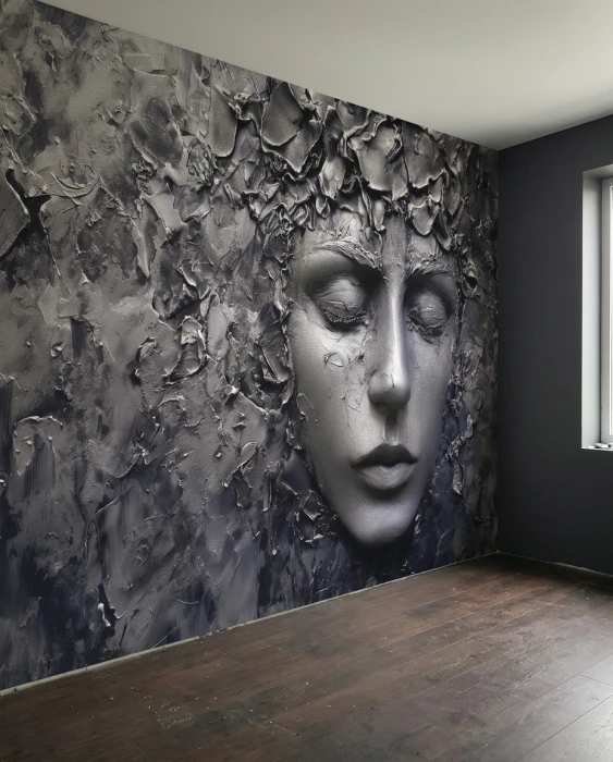 Ciemna tapeta na ścianę z kobiecą twarzą – nowoczesny mural artystyczny w czerni i szarości