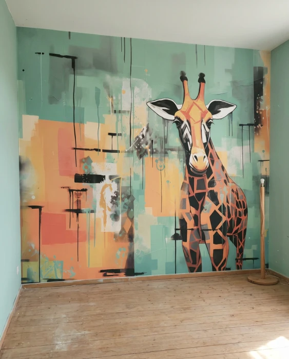 Mural ścienny z żyrafą – geometryczny wzór z egzotycznym zwierzęciem i kolorowymi plamami farby