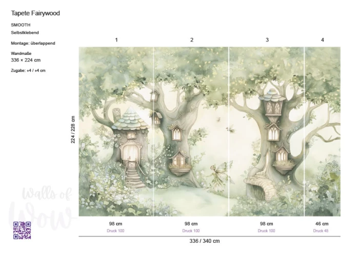 Layout der Waldtapete FAIRYWOOD mit vier Bahnen und Maßen für eine 336 × 224 cm große Wand