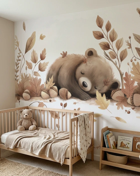 Tapeta ze śpiącym niedźwiedziem i jesiennymi liśćmi AUTUMN