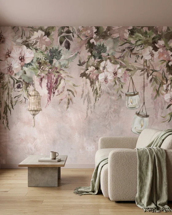 Pastelowa tapeta botaniczna z orchideami i lampionami