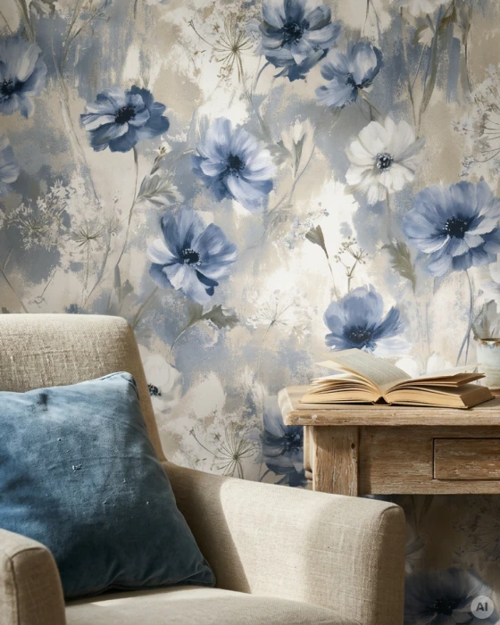 MAUVE BLUE wallpaper beside a cream armchair with a blue cushion and an open book on a wooden table