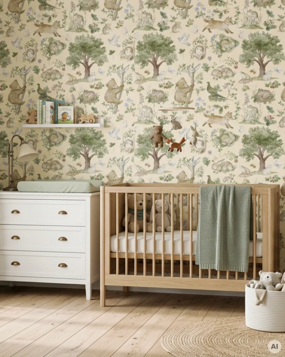 Leśna tapeta dziecięca Woodland Story II w pokoju z drewnianymi meblami i naturalnymi dodatkami