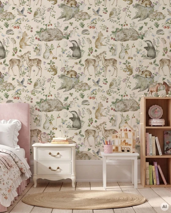 Tapeta w leśne zwierzęta WOODLAND STORY w pokoju dziewczynki